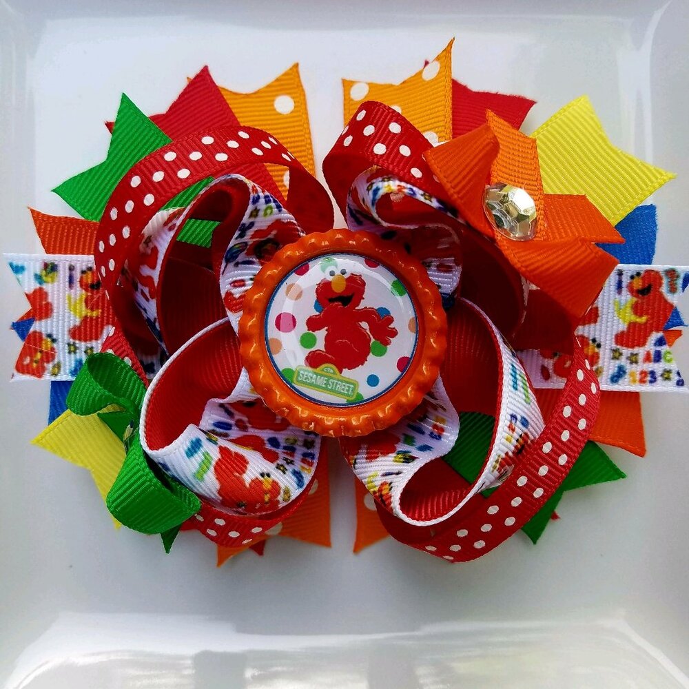 Elmo Themed Yellow Orange Red Green Blue Bottle Cap Hair Bow 5"